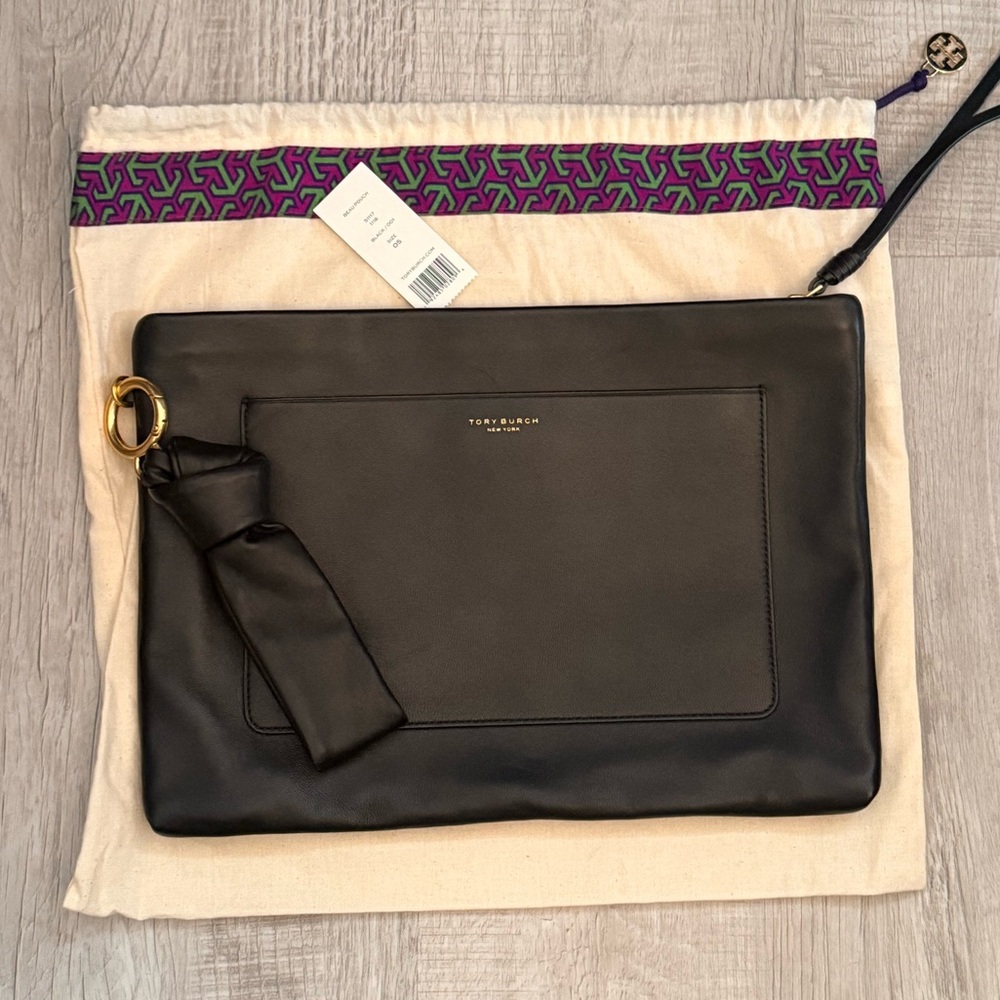 Tory Burch Beau Knotted Black Leather Pouch